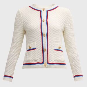 Misook Heritage Contrast-Trim Intarsia Ribbed Soft Knit Jacketing white new with